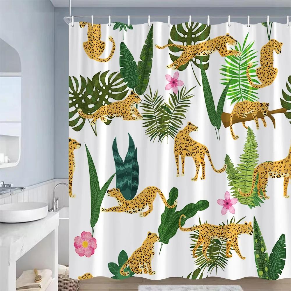 Mid Century Shower Curtains Tropical Plant Leopard Sun Palm Trees Art Polyester Fabric Bathroom Curtain Decor Hooks Modern Made Of Window Treatment