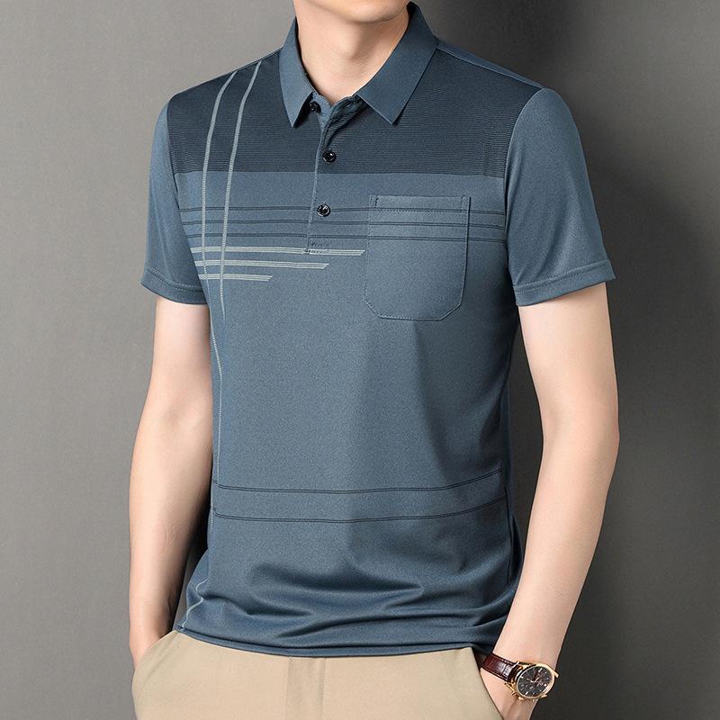 

Полосатая мужская рубашка поло, футболка из тонкого шелка Ice Silk с короткими рукавами, топ со средними лацканами 4XL