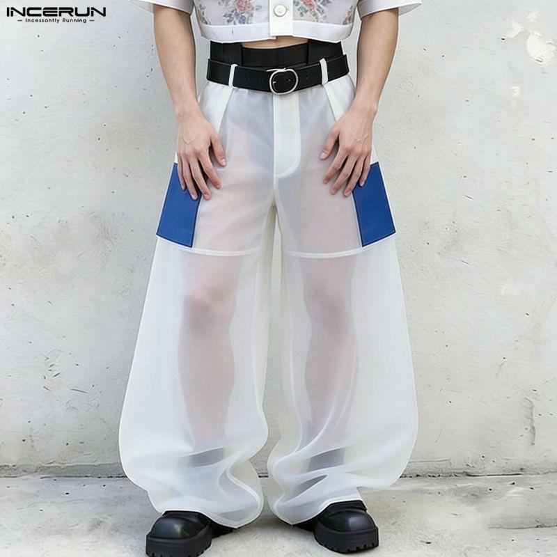 INCERUN Men High Waist Zip-up See Through Perspective Party Long Pants Trousers