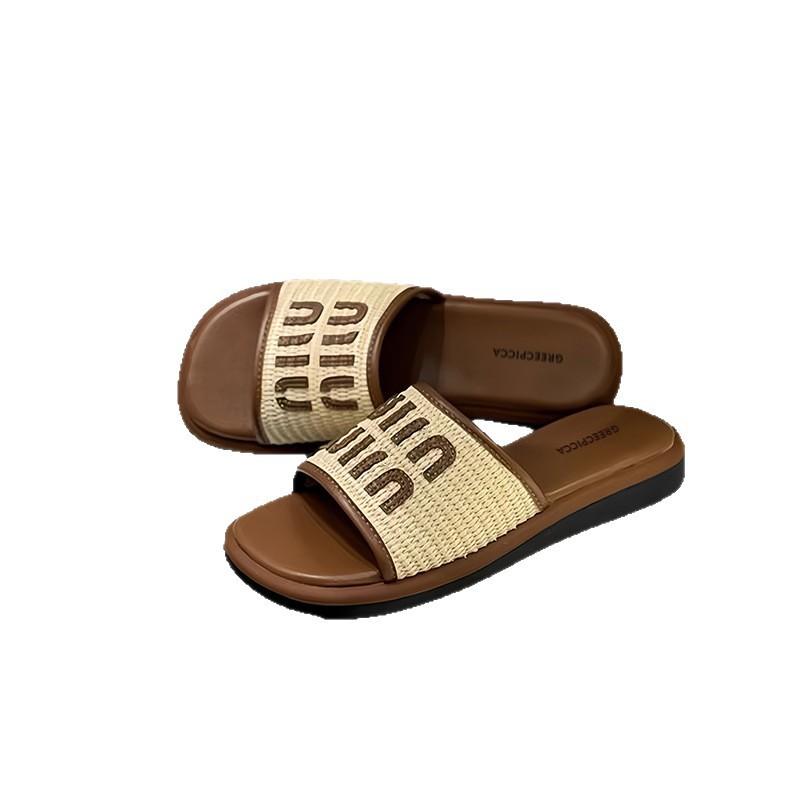 Sheepskin version! Ah Min's holiday woven flat-bottomed slippers for women's summer wear new casual beach one-word sandals