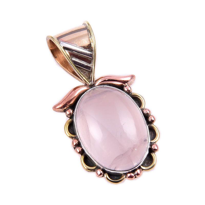 Natural Rose Quartz 925 Solid Sterling Silver Jewelry TwoTone Pendant 1.25" O7c29