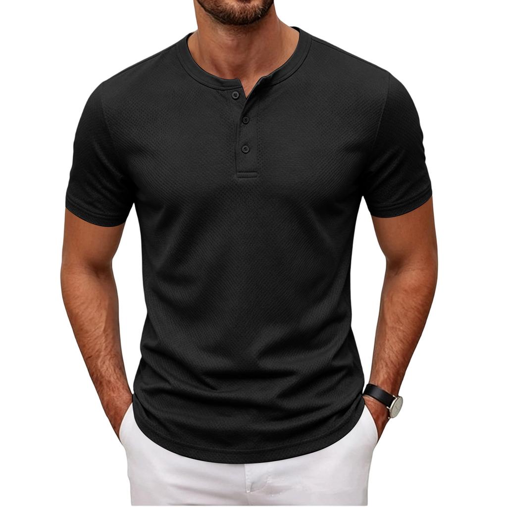 Men’s Short Sleeve Henley Shirt with Button Placket Casual Slim Fit Athletic Basic Solid Crew Neck Tee for Everyday Wear
