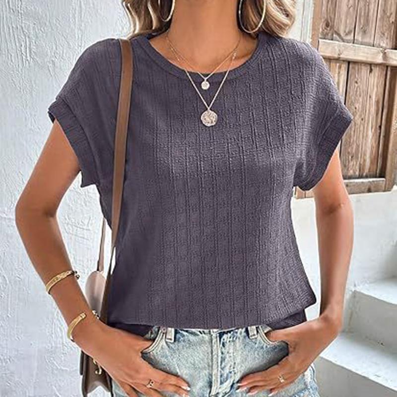 Ladies Summer Short Sleeve O Neck Solid Color Jacquard Plaid Pullover T Shirt Top