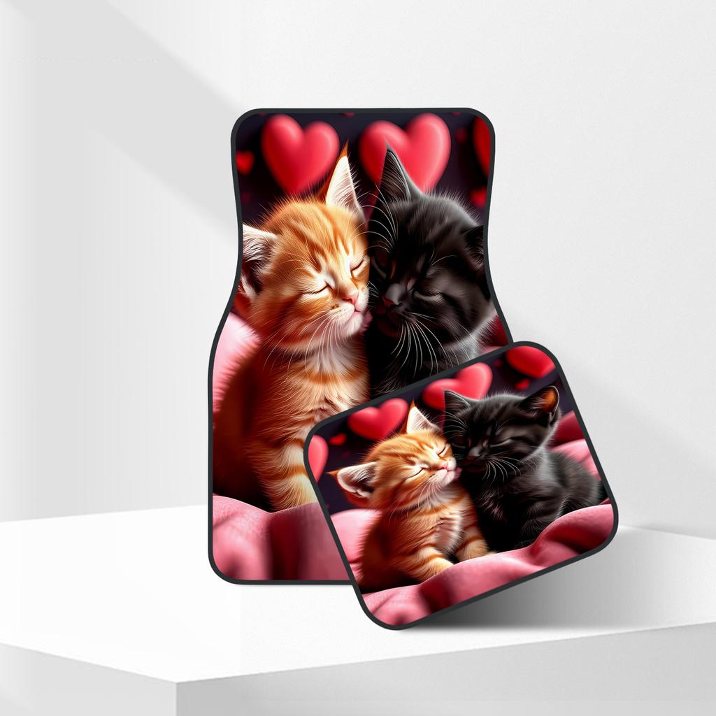 4pcs Two Kitten Print Car Floor Mats, Elegant Interior Decor Accessories For Daily Driving, All Season Fashionable Auto Interior