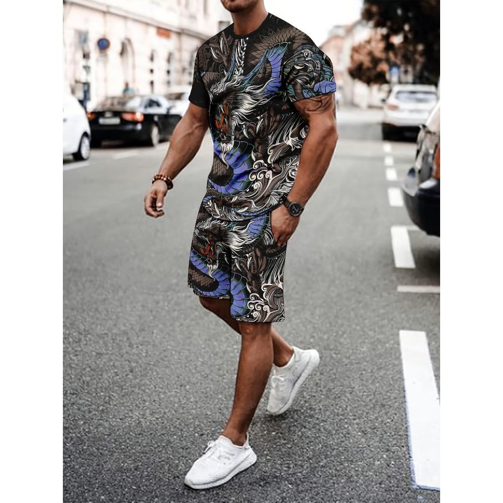 

Men S Summer Casual 3D Print Polyester Sweatsuit Set - Crew Neck T-Shirt and Shorts Outfit with Slight Stretch Knit Fabric XL