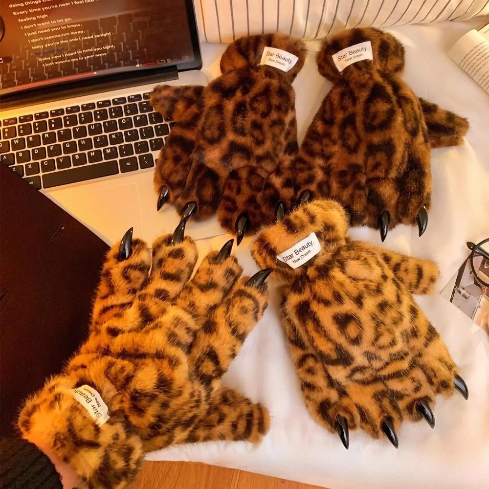 Winter Warm Furry Gloves Spicy Girl Leopard Print Tiger Claw Gloves Thickened Cosplay Cool Props Five Finger Gloves Women Gift