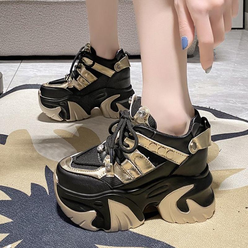 10CM Spring Women Chunky Sneakers Heels Lace-up High Platform Sports Shoes Woman Breathable Mesh Shoes Leather Sneakers