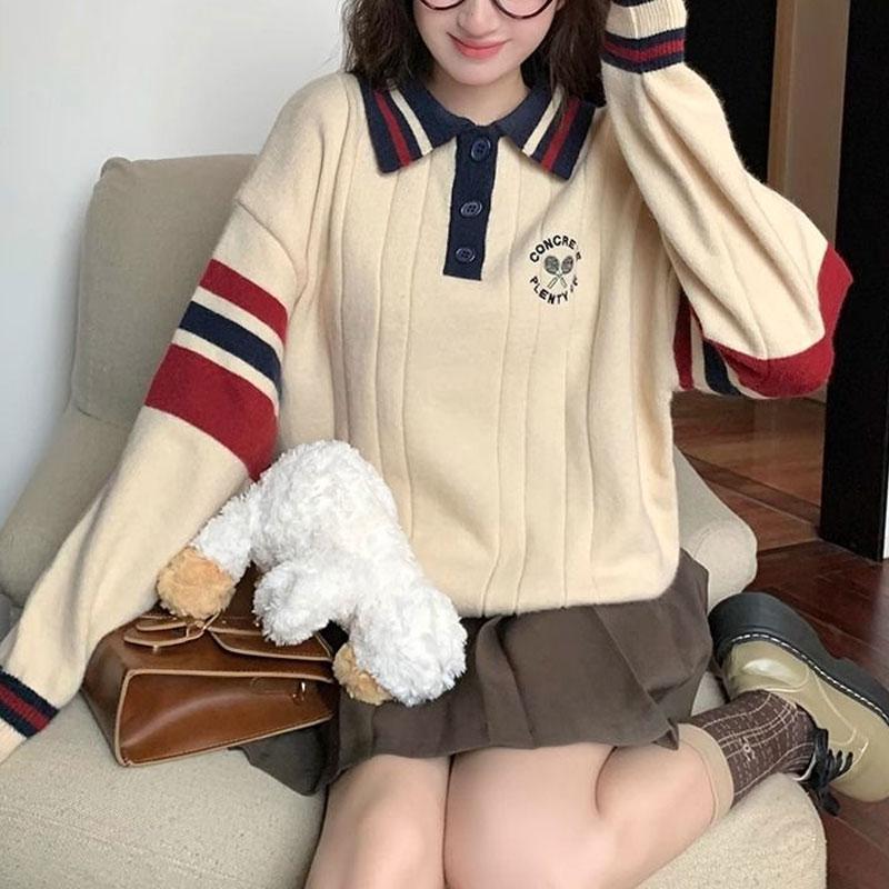 Pulovere Polo Stil Preppy Toamnă Iarnă Casual cu Dungi Îmbrăcăminte Femei Culori Contrastante Șic Broderie Pulovere Tricotate