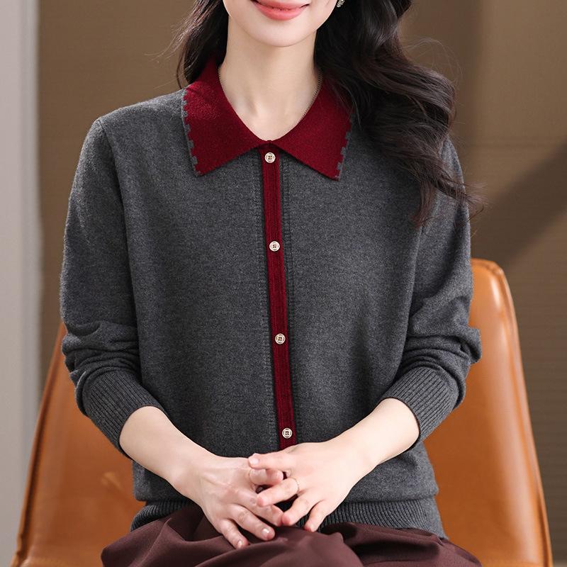 

Spring Color Block Knit Lapel Cardigan - Long Sleeve, Comfortable Sweater for Middle-Aged & Elderly Women 4XL [Recommended 135-150 Jin]