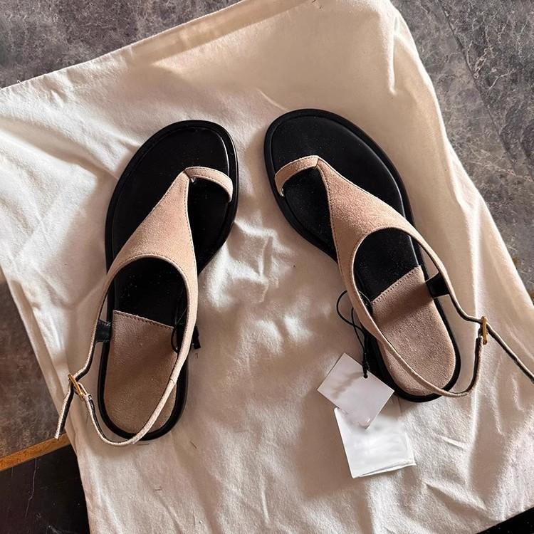 Soft Leather Version~ Retro Matte Leather Cover Toe Sandals Women's Round Head Outer Wear Casual Vacation Style Word with Flat Shoes