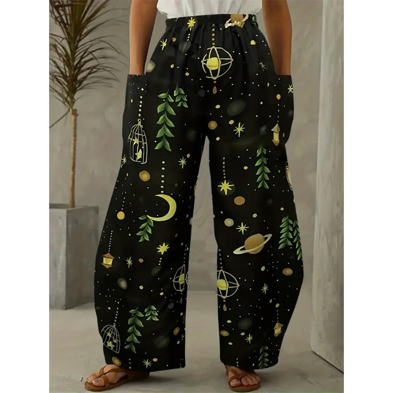 Women's Fashion Wide-legged Pants Elegant 3d Sun, Moon And Star Printed Pants Women's Street Vintage Pants With Pockets