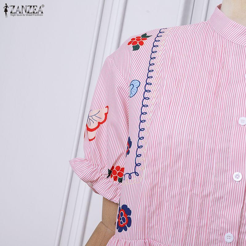 ZANZEA Summer Women Casual Stand Collar Print Short Sleeve Long Dress