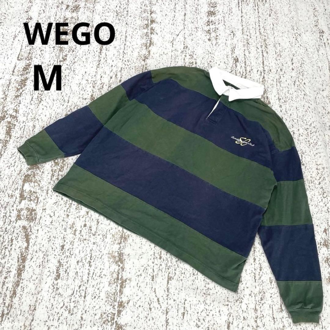 Wego Long Sleeve Rugby Shirt Polo Shirt M Navy Green White Border Collar 8FBFC3