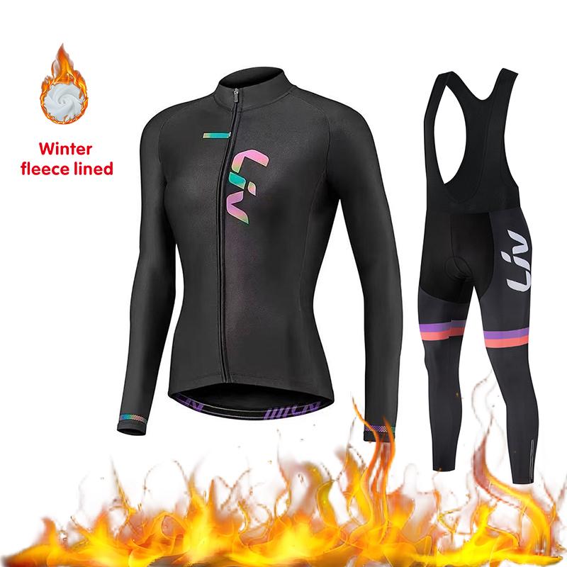 2026 Women's Cycling Suit Set Winter Velvet Long Sleeved Cycling Jersey Knitted Sweater Cycling Bib Warm Cycling Sports Shir