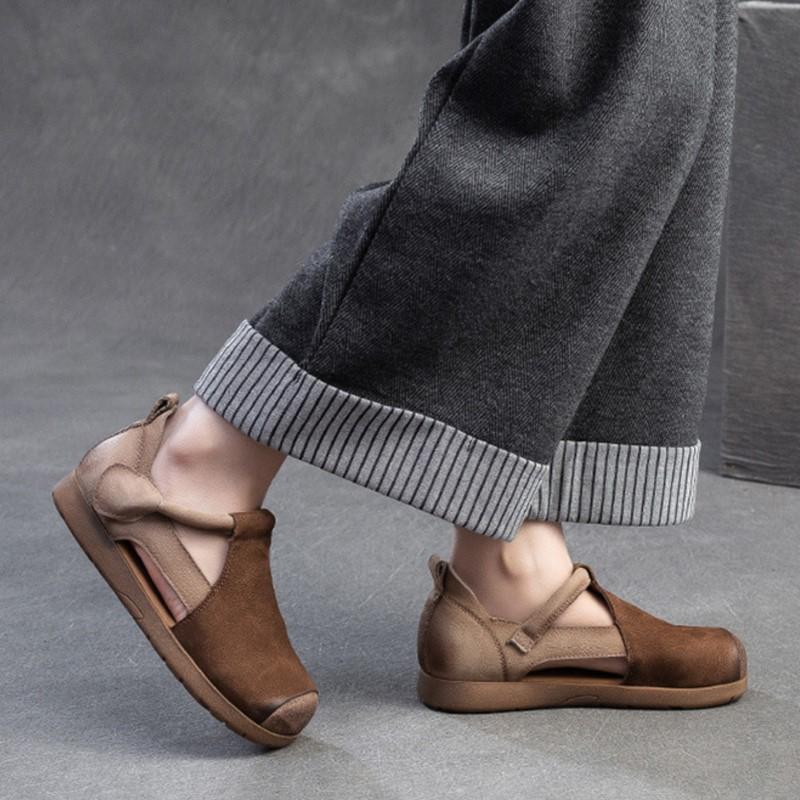 Johnature Genuine Leather Mixed Colors Sandals Round Toe Hollow Retro Style Women's Shoes