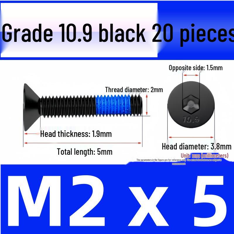 Black Anti-Slip Flat Cup Screw with Adhesive Blue Glue, Countersunk Hexagon Socket, Available in M2-M8 Sizes
