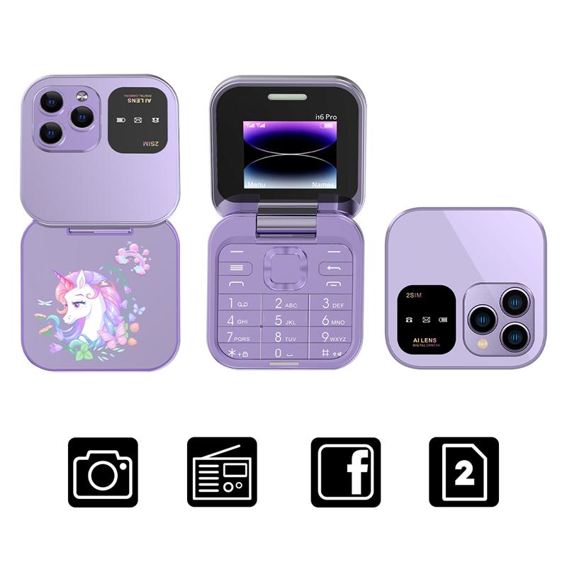 Ny i16 Pro Søt Flipblokk Mobiltelefon Doble SIM-kort 1,77" Skjerm Hurtigtaster Magisk Stemme Svarteliste Mini Boks Mobiltelefon 3,5 mm Jack