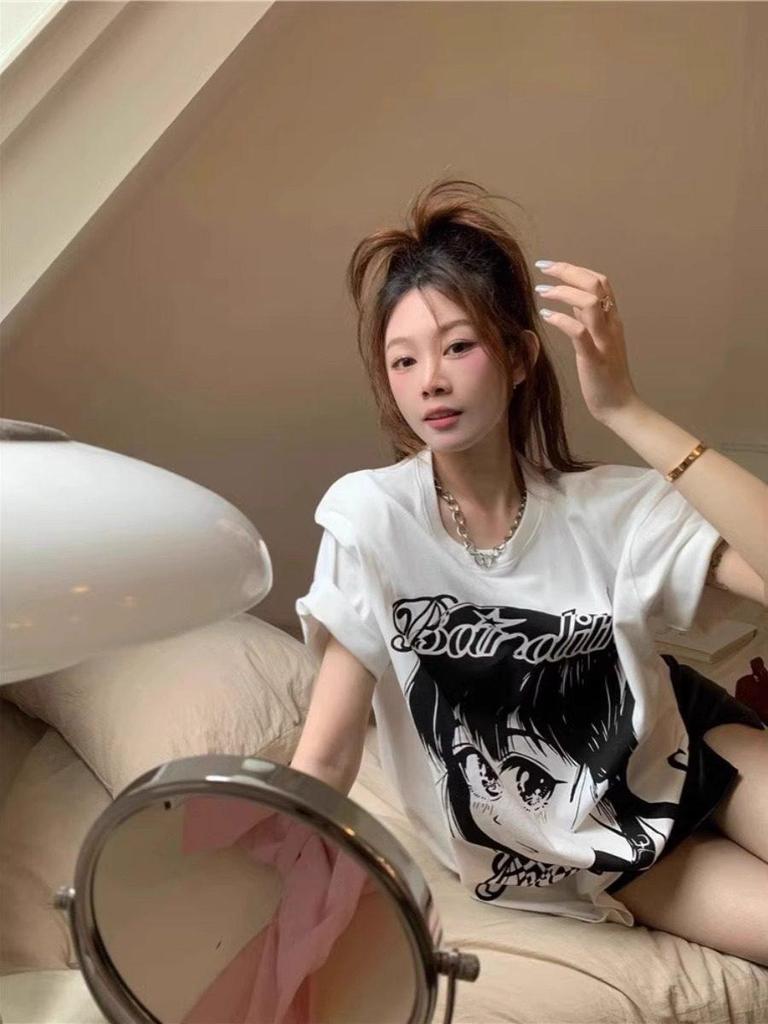 Plus Size Retro Cartoon Girl Print Cotton T-shirt - Loose Fit, Short Sleeve