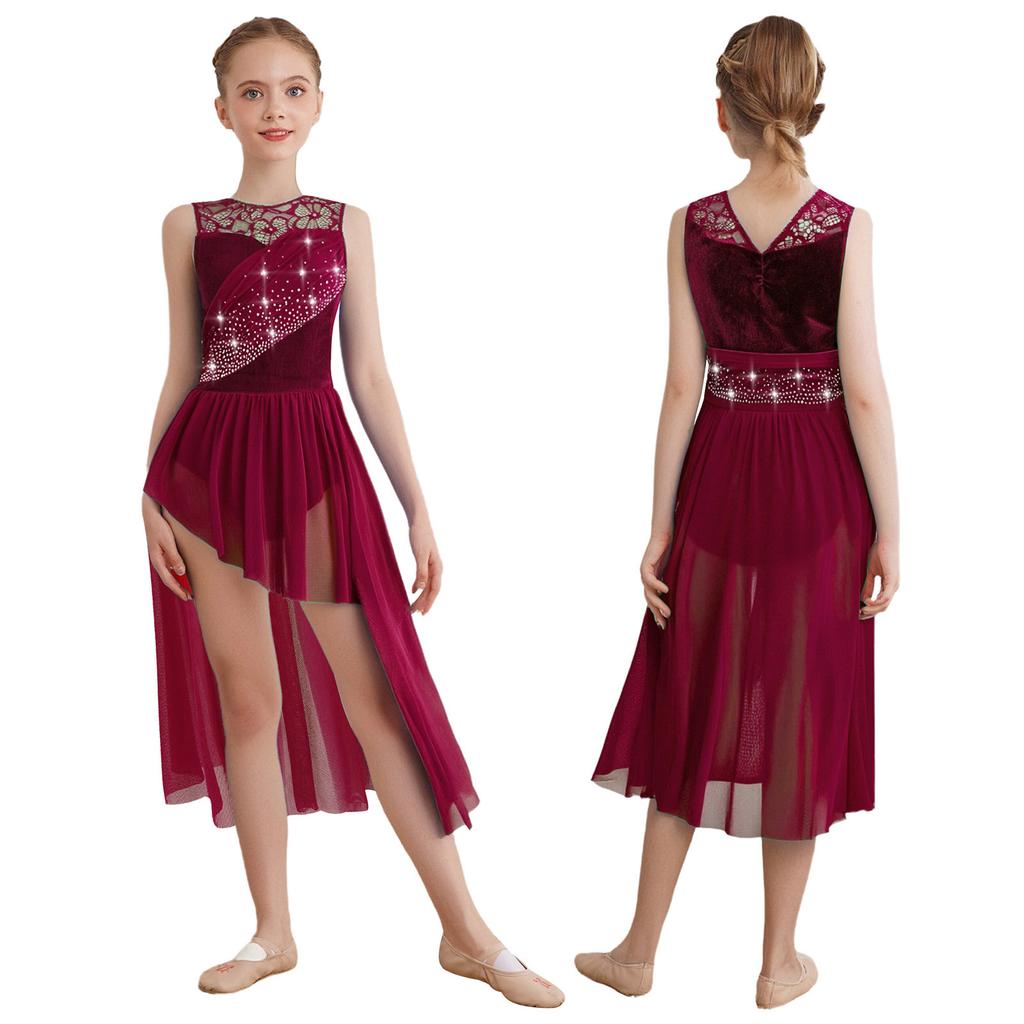 Lyrisches Tanzkleid für Mädchen: Funkelnde Strasssteine auf Spitzen-Patchwork & Raffinierte Netz-Überlagerung mit elegantem asymmetrischem Saum