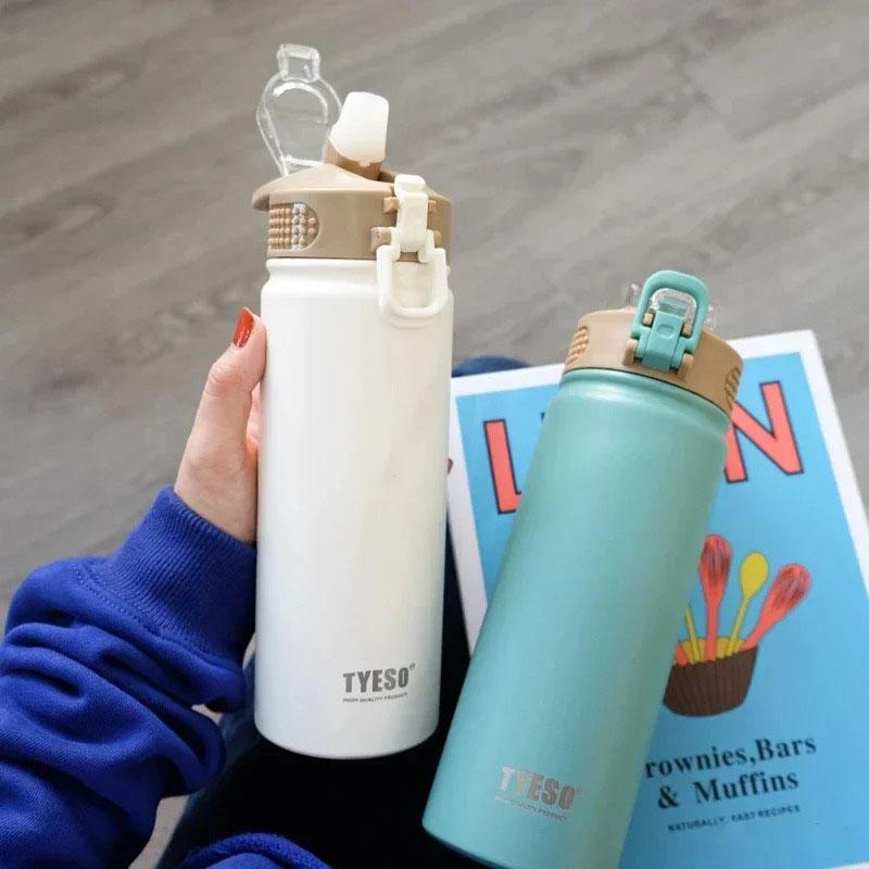 Tyeso 600/750ML Thermos Bottle With Straw Stainless Steel Car Thermal Cup Sports Water Bottles Keeps Cold and Heat Thermal Mug