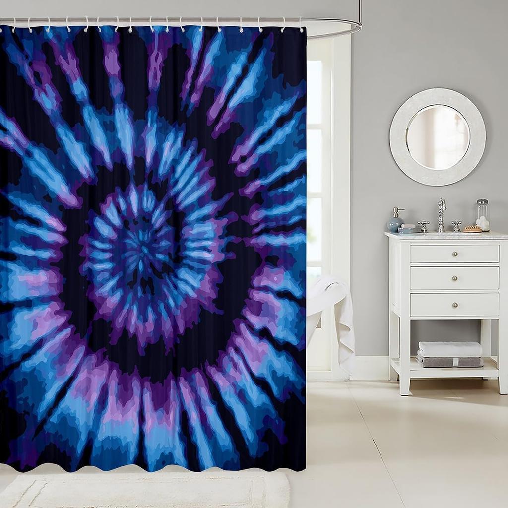 Tie Dye Shower Curtain Blue Purple Spiral Swirl Shape Trippy Abstract Artistic Hippie Bathroom Decor With Hooks