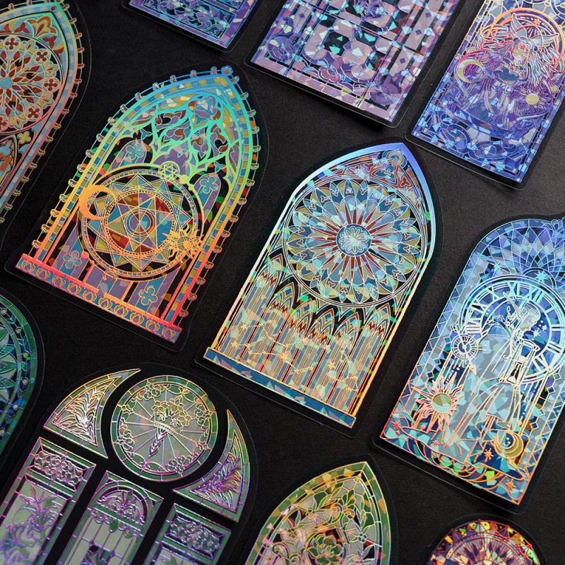 6-Piece Laser Glitter Stained Glass Window Stickers, Iridescent Flash Patterns Perfect for Hand Account Layouts, Scrapbooking