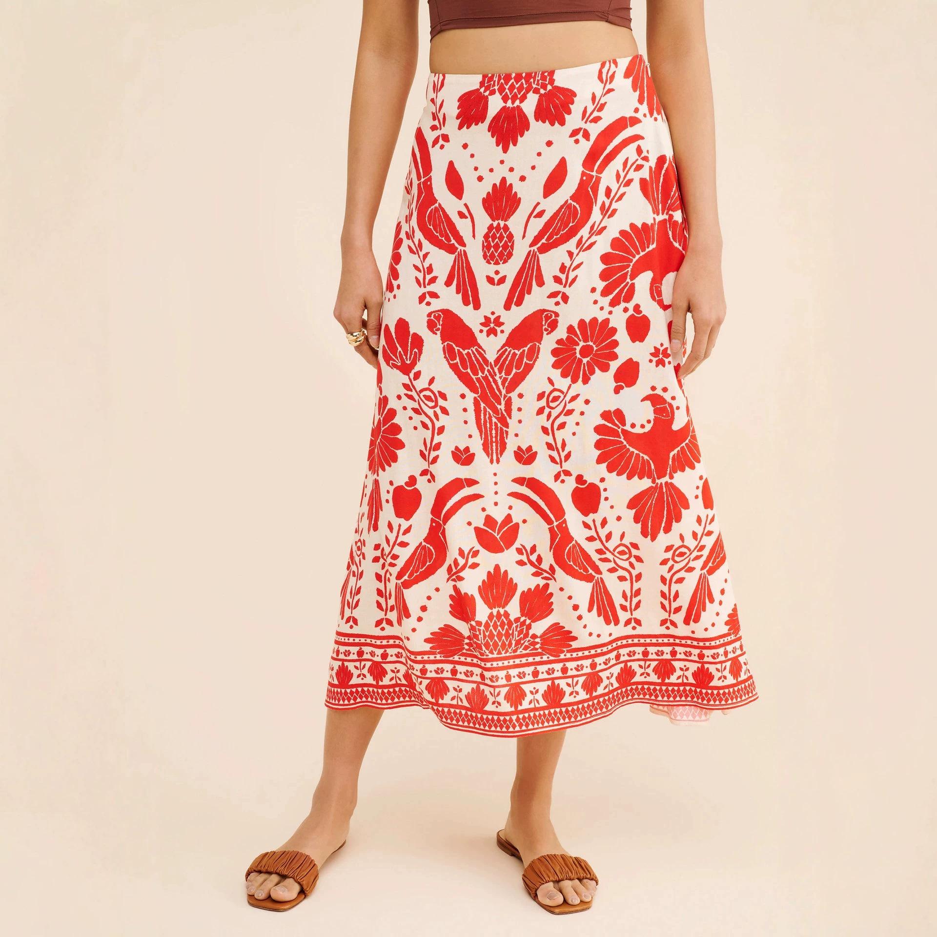 French holiday style printed skirt women s high waist and thin fashion temperament high sense tropical style a word medium and long skirt XS розовый