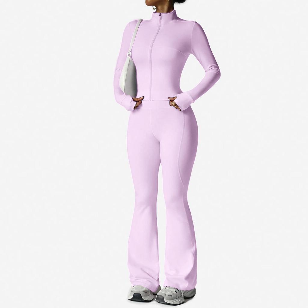 Waist-Cinching Yoga Set: Long-Sleeve Jacket & Butt-Lifting Micro-Flare Pants - Women's Sportswear for Autumn/Winter.