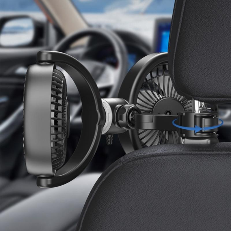Two Head USB Car Fan for Back Seat 5V Foldable and Multiple Angle Rotation Headrest Ventilation Fan for Various Vehicles