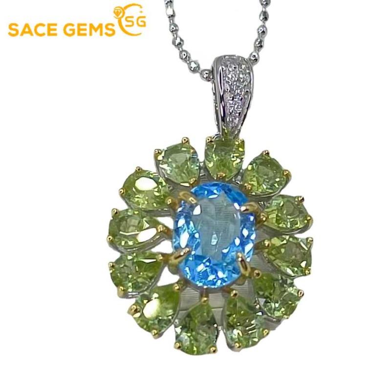 Sace Gems Anhänger für Damen, 925er Sterlingsilber, natürlicher Schweizer Blautopas und Peridot, Halskette, edler Schmuck, Geschenke