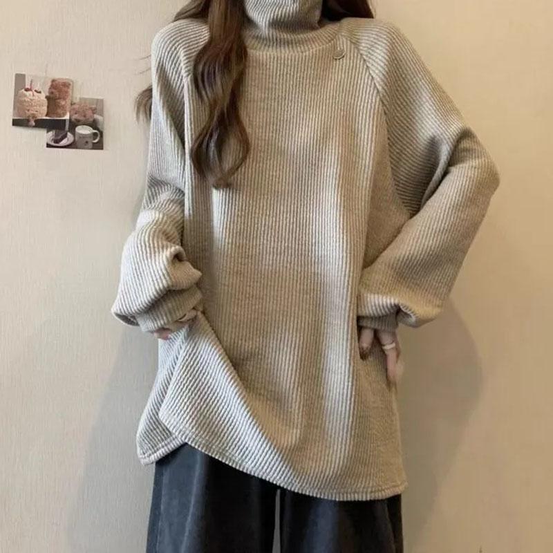 Pullovers Women Long Sleeves Autumn Winter Cotton Blouse Oversized Comfortable Stretch  Solid Color Half-high Neck Loose Tops