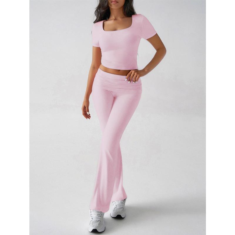 Y2K casual sports style solid color navel-exposed T-shirt long trousers set women's clothing