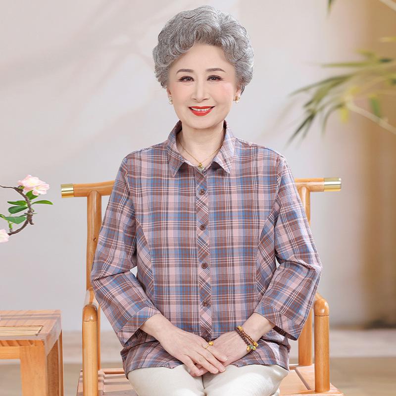 Mid-Length Pure Cotton Shirt for Elderly Women - Three-Quarter Sleeve Top for Spring/Summer