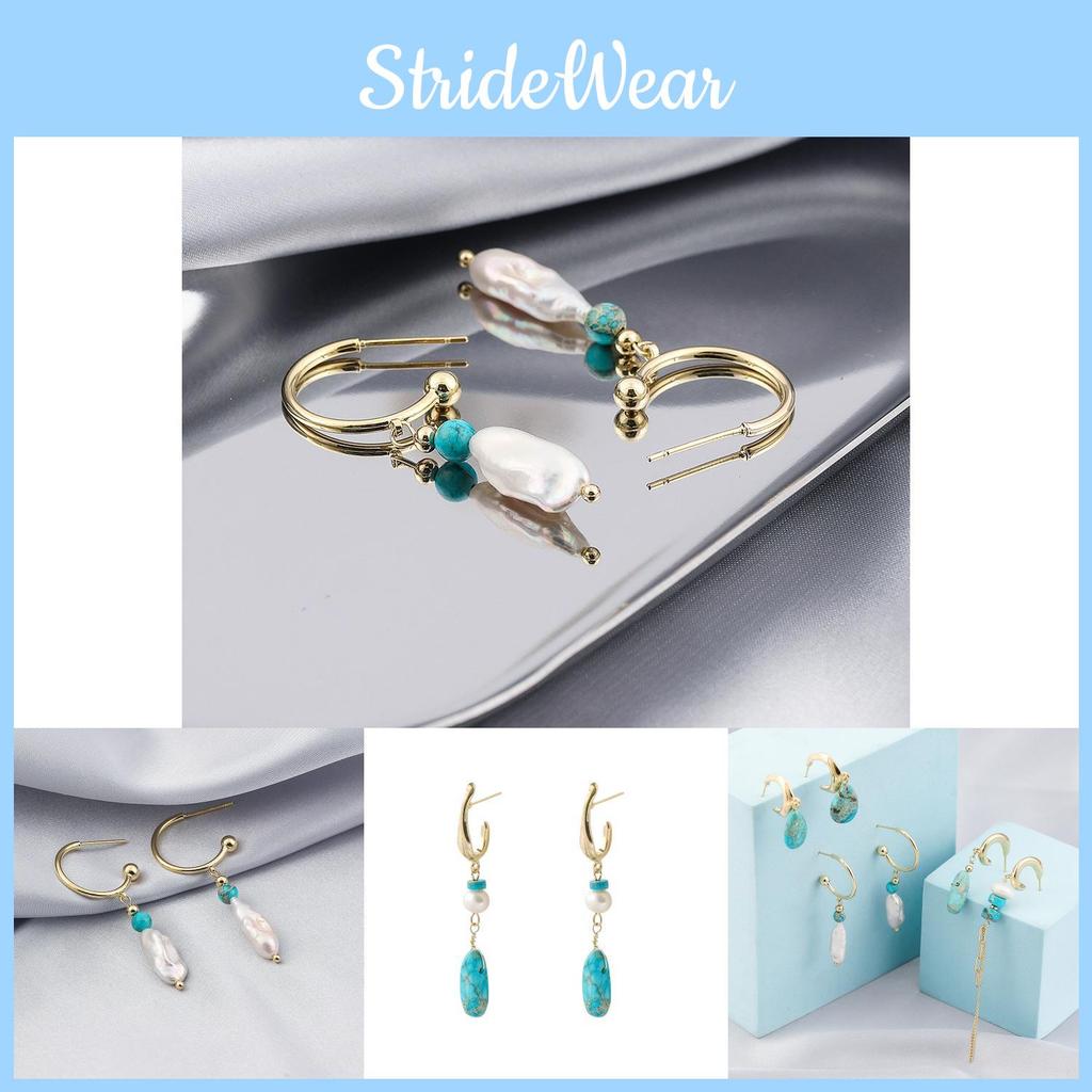 Asymmetrical Pearl Creative Natural Stone Earrings Fashionable Alloy Geometric Design