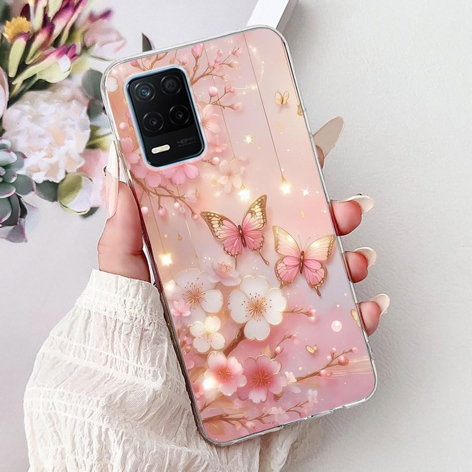 Pro telefon Realme 8 5G RMX3241 Pouzdro na telefon Realme8 5G Elegantní Květinový Potisk Kočky Měkký Silikon Průhledné TPU Pouzdra