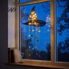 Luminous Witch Hat Lights Lighted Hanging Chime, Halloween LED Ornament with Glow Star Tassels, Magical Light for Porch Window Patio Indoor