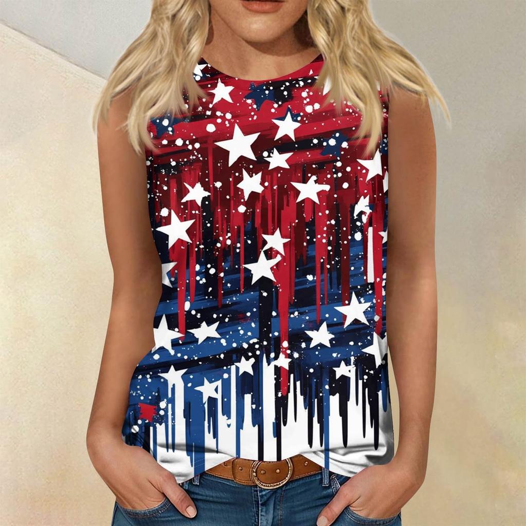 Women's Fashion Casual T-Shirt Round Neck Sleeveless Independence Day Printed Vest Top