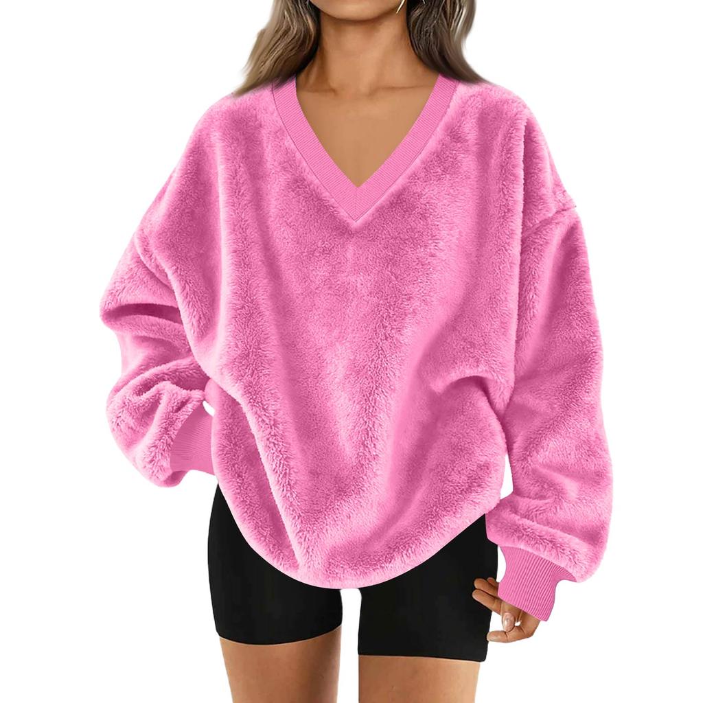 Women's V-Neck Sweatshirt Plush Color Casual Fashion Long Sleeve With Pocketed Pullover Top