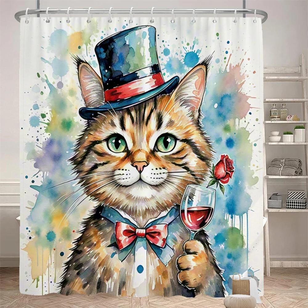 Watercolor cats and dogs funny shower curtain bathroom curtain Amusing and creative animal Decorative curtain with hooks