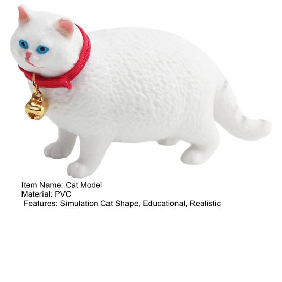 White Fat Cat Figurine Lifelike Red Bell Collar Kitten Collectible Model Miniature Animal Educational Toy Decoration Cats Lover Gift