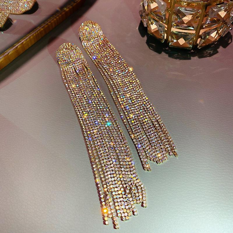 Fine Long Tassel Full Rhinestone Drop Earrings for Women Ovsize Crystal Dangle Earrings Fashion Jewelry Accessories
