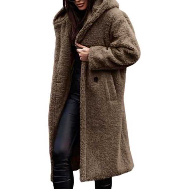 Winter Plush Hooded Long Coat Women Solid Color Long Sleeve Autumn Single Button