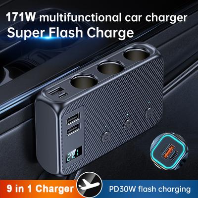 171W 9 In 1 Car Charger 3Ports Cigarette Lighter Splitter 12V 24V Fast Charger Plug Power Adapter for iPhone GPS Dashcam