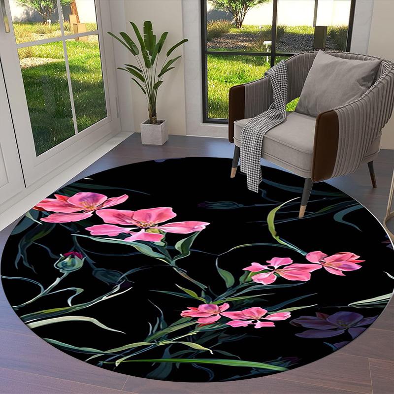 1pc Office Carpet Chair Mats Pink Flowers On Black Background Perfect for Decorating Office Chairss, Or Bedrooms.YDT495