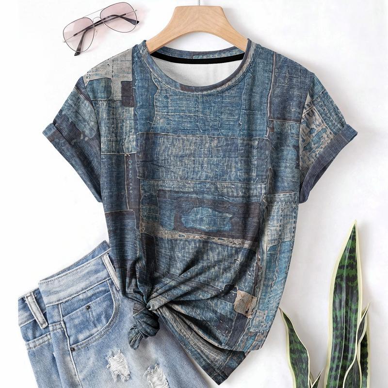 Letní dámské tričko s krátkým rukávem, kulatým výstřihem, patchworkovým džínovým vzorem a 3D potiskem