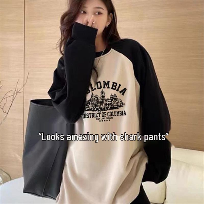 

Женская футболка в корейском стиле реглан с длинным рукавом, подкладкой из матового велюра и трендовыми брюками-акула. L (105-125 jin)