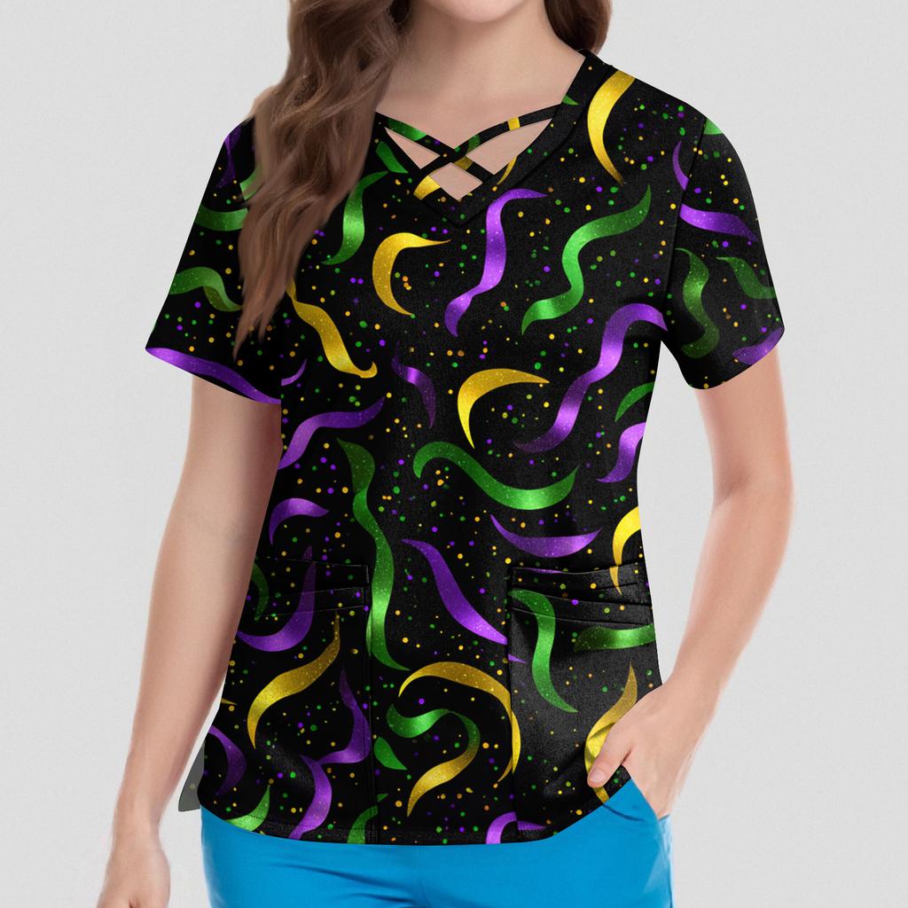 Dam Kortärmad Stagger V-ringad Tryck Ficka Torr-Topp