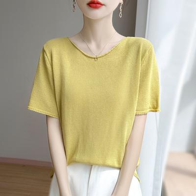 Zomer Ijszijde Gebreide Trui met Korte Mouwen Ronde Hals Los T-shirt Modieuze en Veelzijdige Top