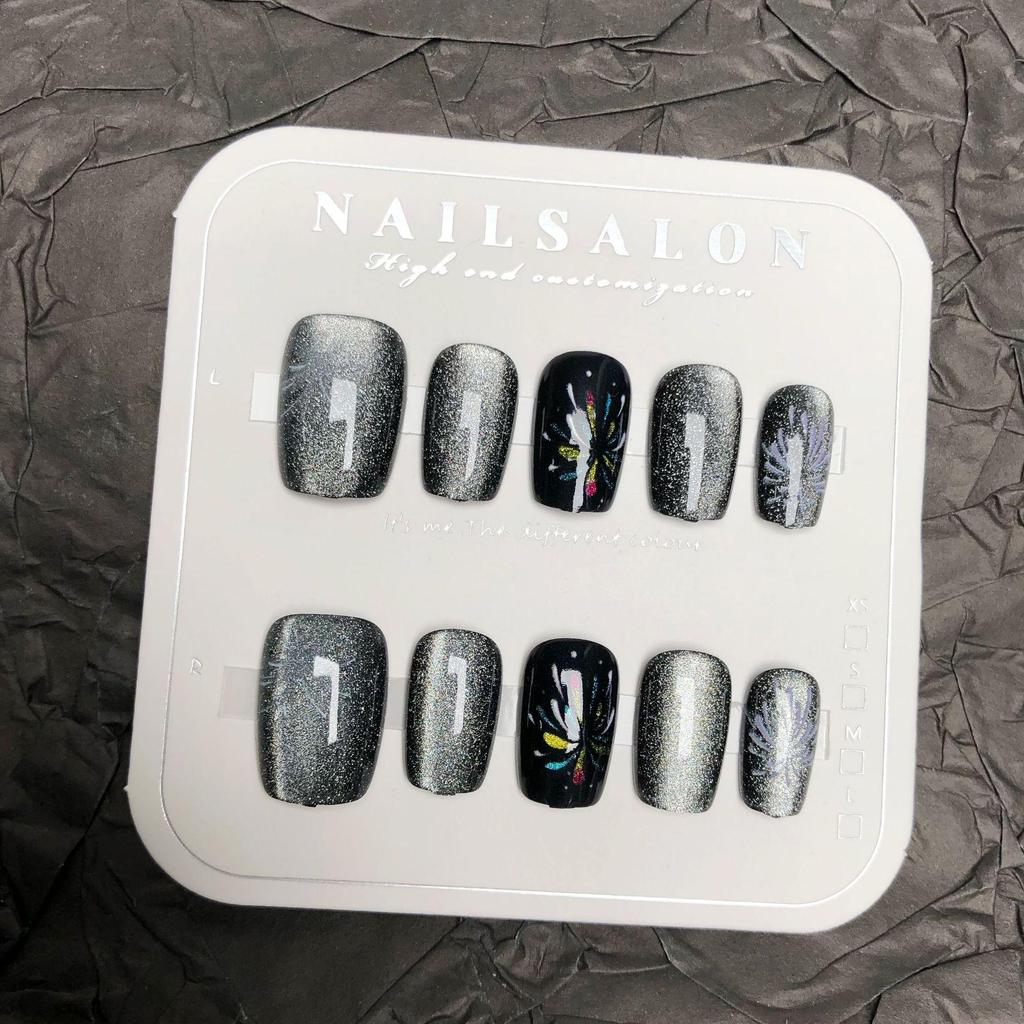 Black Fireworks Cat Eye Press-On Nails - Short, Removable Nail Art