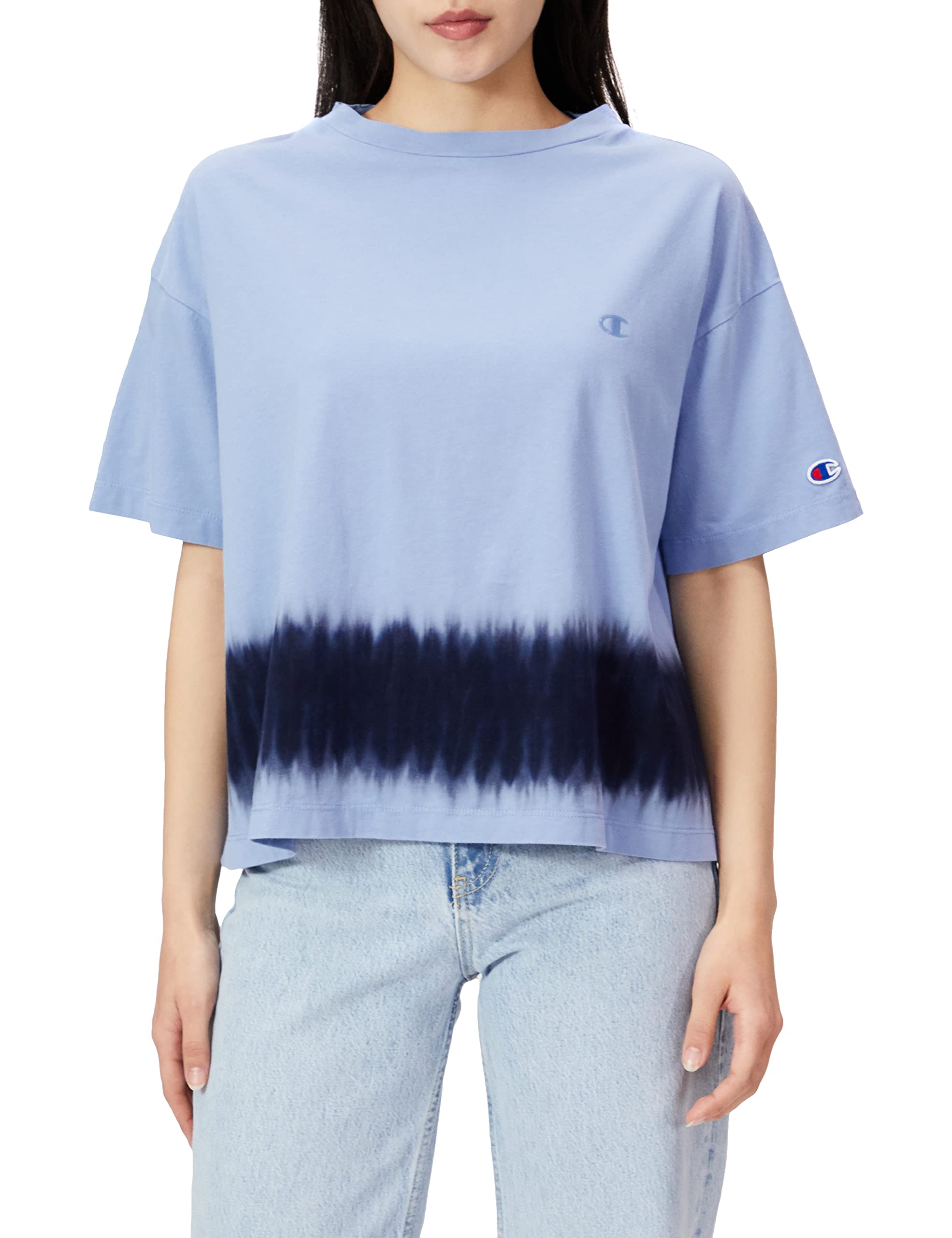 

Champion Casual Short Sleeve Pale Size with a Logo and Loose Fit Women s T-Shirt, Blue, L, CW-V314, One-Point Tie-Dye Design,